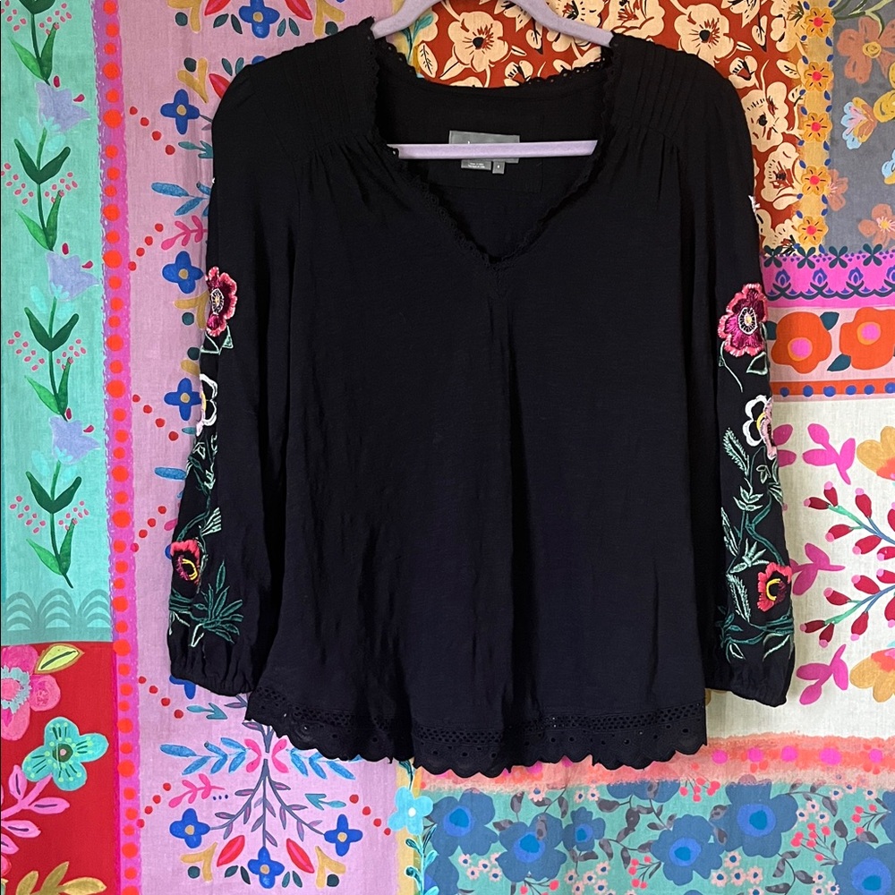 Anthropologie Boho Black Floral Embroidered Long Sleeve Blouse Size Small